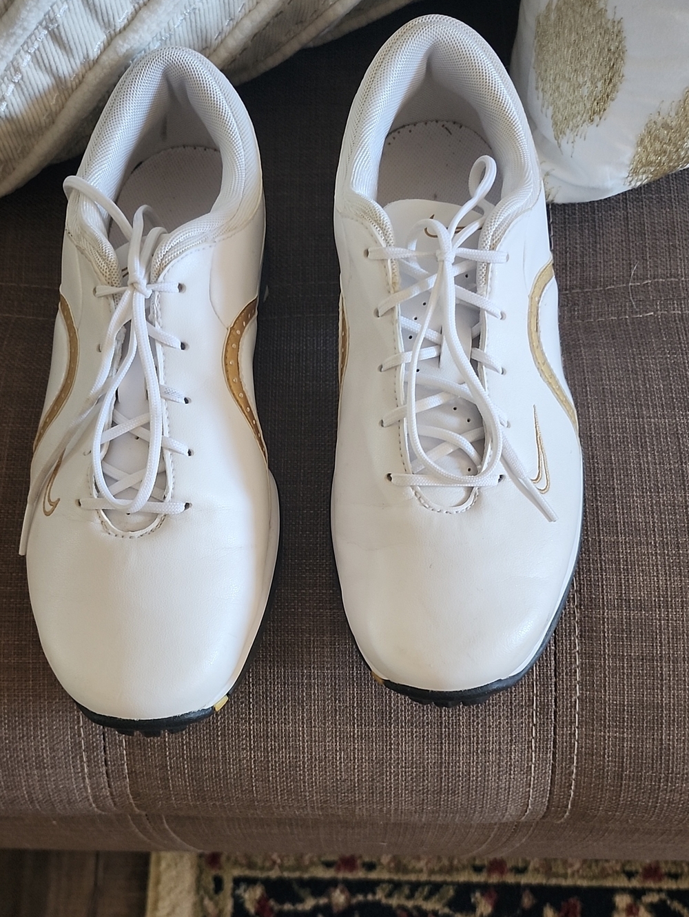 Nike White Leather Shoes with Gold Accents